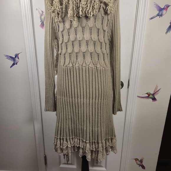 John Fashion Beige Crochet Knit Long Fringe Lace Trim Cardigan M Indie Boho Chic - Picture 10 of 13